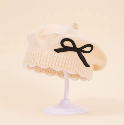 Girls Beret Hat with Bow Knot Knitted Woolen Cap Princess Baby