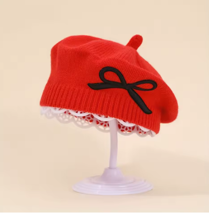 Girls Beret Hat with Bow Knot Knitted Woolen Cap Princess Baby