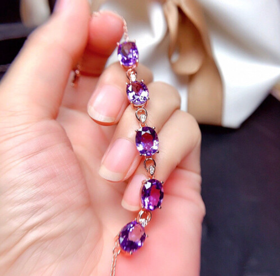 18k Rose Purple Crystal Amethyst Gemstones Diamonds Chain Bracelet
