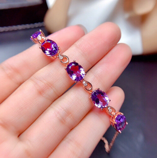 18k Rose Purple Crystal Amethyst Gemstones Diamonds Chain Bracelet