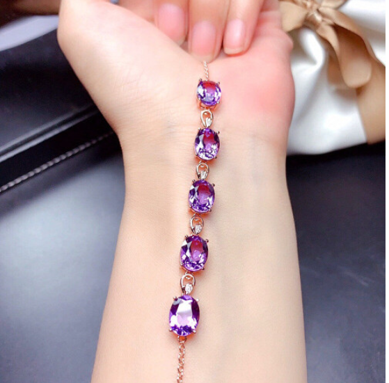 18k Rose Purple Crystal Amethyst Gemstones Diamonds Chain Bracelet