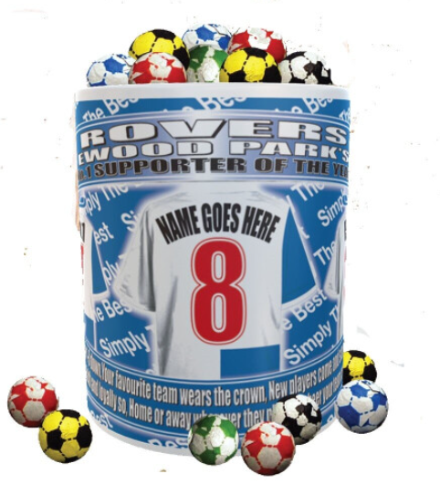 Personalised Blackburn Rovers Football Shirt Ceramic Gift Mug with Chocolate Footballs