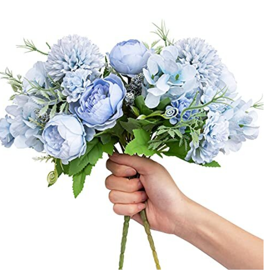 Artificial Flowers, 2 Pack Fake Peony Silk Light Blue Hydrangea Bouquet