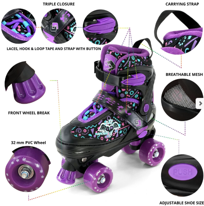 (Purple Small UK 11-1) GEEZY Kids' Adjustable 4-Wheel Roller Skates