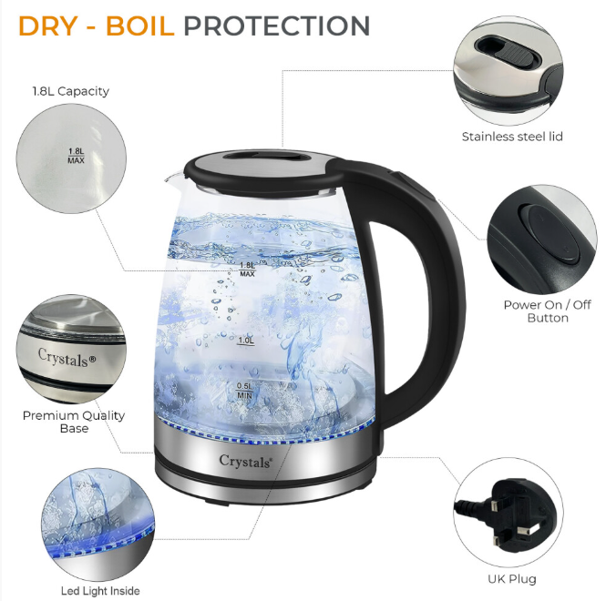 1.8L Electric Kettle Glass 360 Blue LED