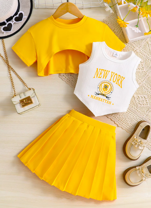 T-shirt with Letter Print and Strappy Shorts, Three-Piece Set