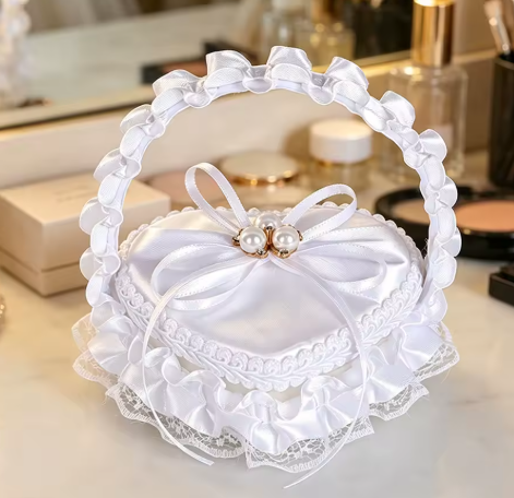 White Satin Heart Wedding Ring Pillow Basket
