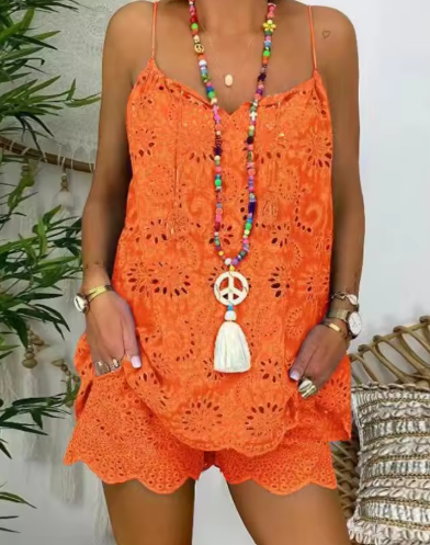 Casual V-Neck Sleeveless Embroidery Top Shorts Set