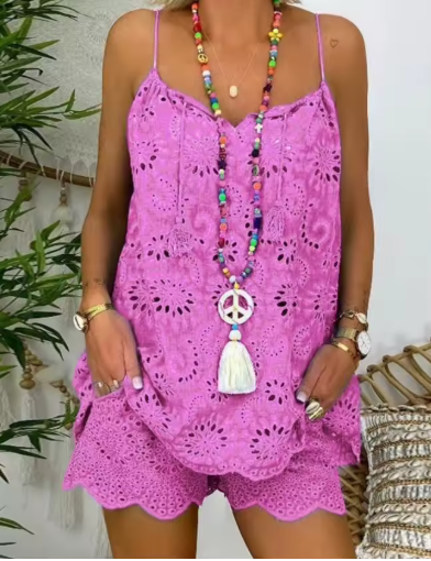 Casual V-Neck Sleeveless Embroidery Top Shorts Set