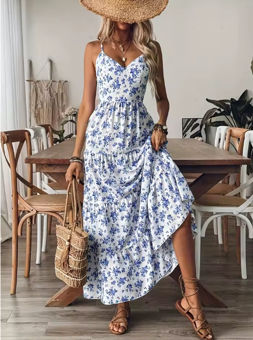 Women's Blue Floral Print Maxi Dress V-Neck