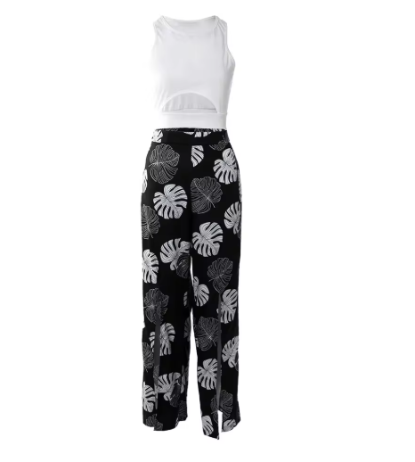Solid Cut-out Tank Top & Tropical Print Split Wide Leg Pants Set