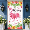 Tropical Welcome Banner Flower Adorned Pink Flamingo