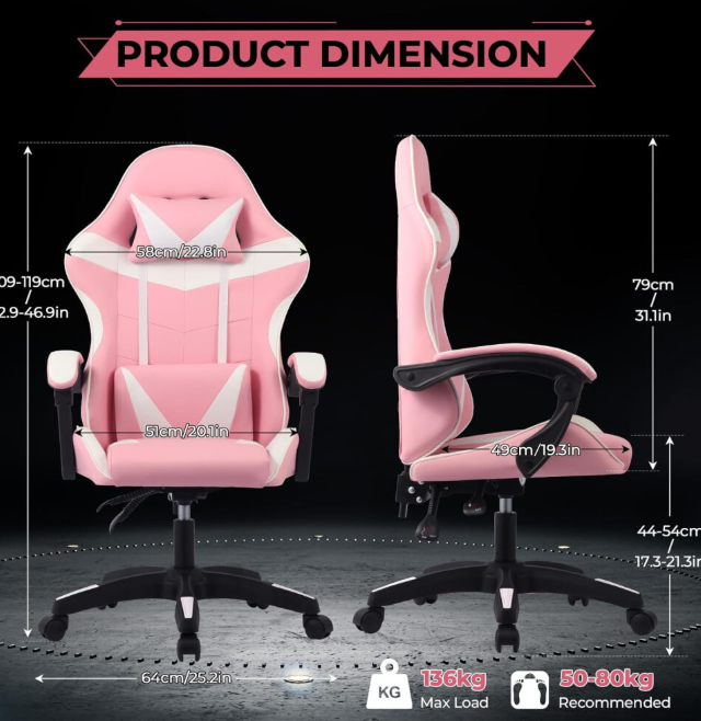 Pink Ergonomic Gaming Chair w/ Lumbar & Headrest
