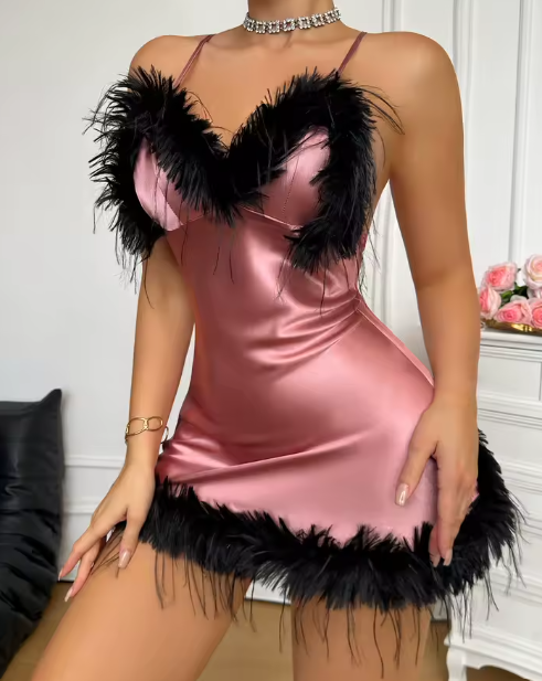 Sexy V Neck Feather Trim Women's Nightgown