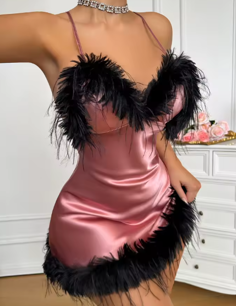 Sexy V Neck Feather Trim Women's Nightgown