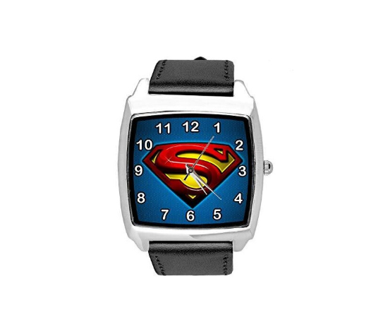 Quartz Watch Black Leather Band Square for Superman Fans
