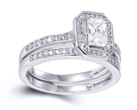 Sterling Silver Baguette & Emerald-cut CZ Shoulder-set Octagon Halo Solitaire Wed fit Bridal Rings Set