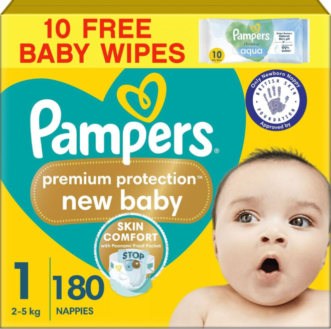 Pampers Premium Protection New Baby Size 1, 180 Nappies