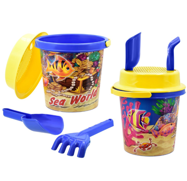 Beach Bucket And Spade With Rake And Sieve