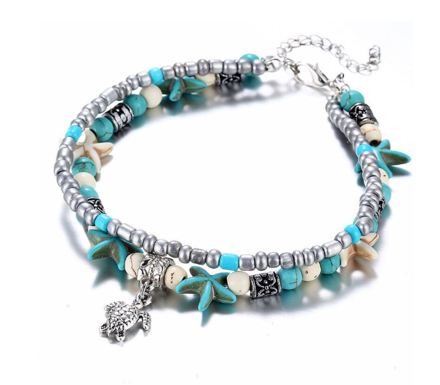 Starfish Turtle Sandal Turquoise Bead Ankle  Bracelet
