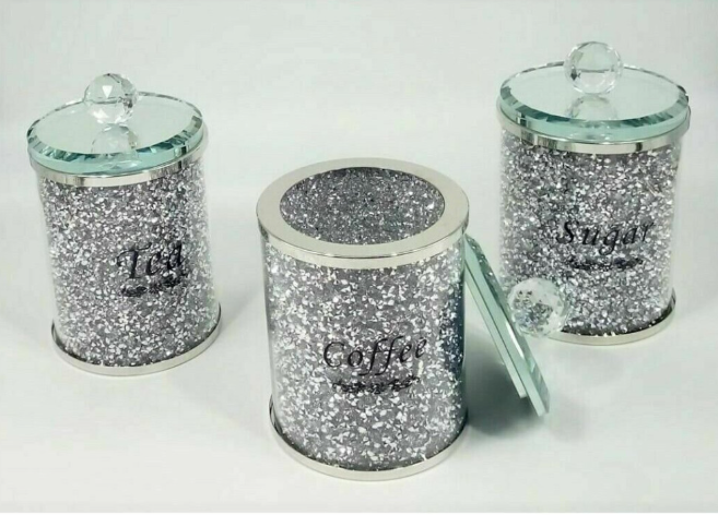 Elegant Silver Crushed Diamond Crystal-Filled Canister Set (3)