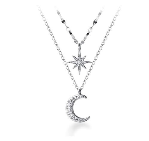 925 Sterling Silver Layered Necklace Chain Star Moon