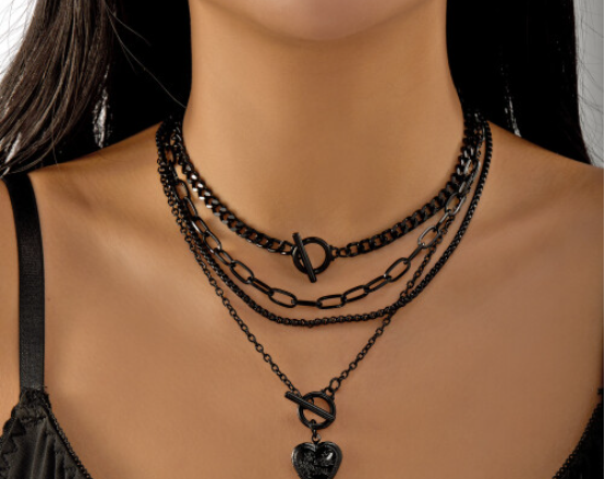Black Gothic necklace, multi-layered necklace, dark heart necklace