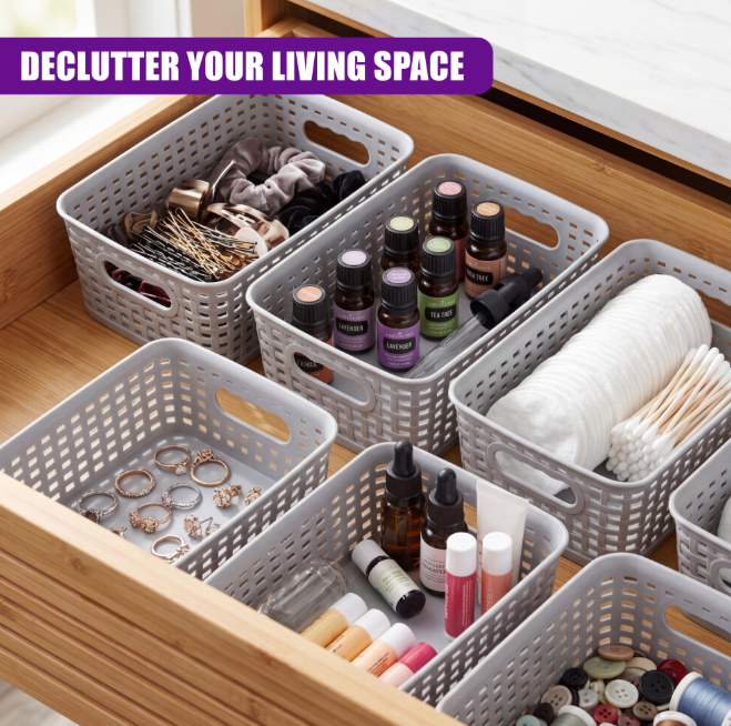 Plastic Storage Baskets Set of 6 Stackable