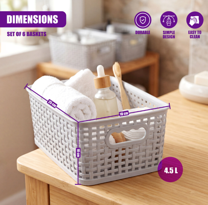 Plastic Storage Baskets Set of 6 Stackable