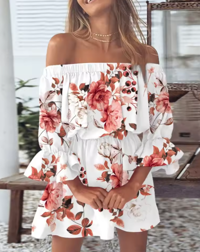 Women's Off Shoulder Ruffle Hem Mini Dress