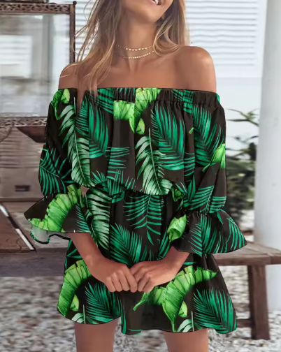 Women's Off Shoulder Ruffle Hem Mini Dress