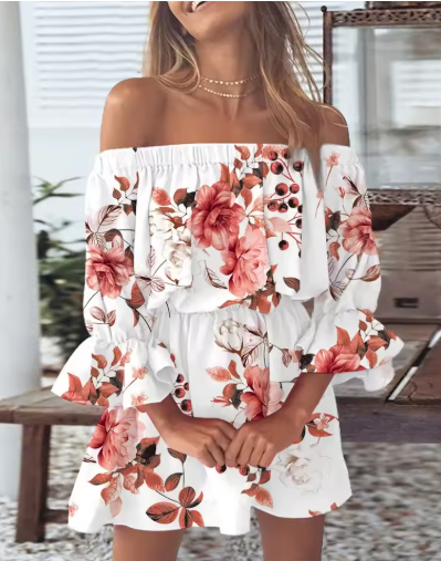 Women's Off Shoulder Ruffle Hem Mini Dress