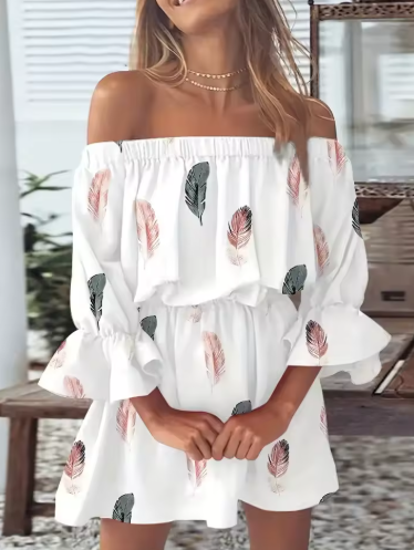 Women's Off Shoulder Ruffle Hem Mini Dress