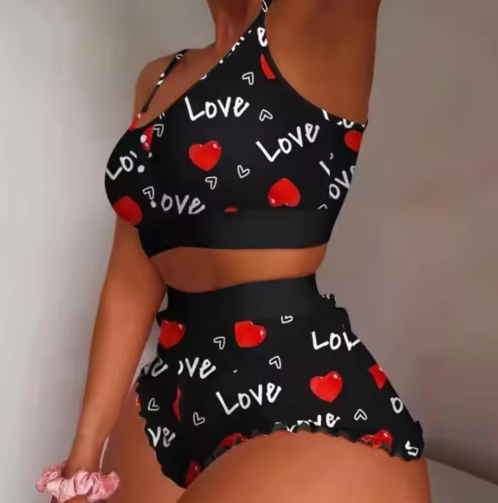 Love Printed Lace Sling Crop Tops and Shorts Summer 2-Piece Pyjama Set