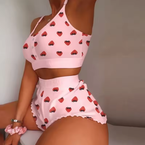 Love Printed Lace Sling Crop Tops and Shorts Summer 2-Piece Pyjama Set