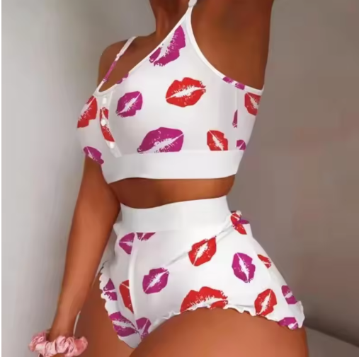 Love Printed Lace Sling Crop Tops and Shorts Summer 2-Piece Pyjama Set