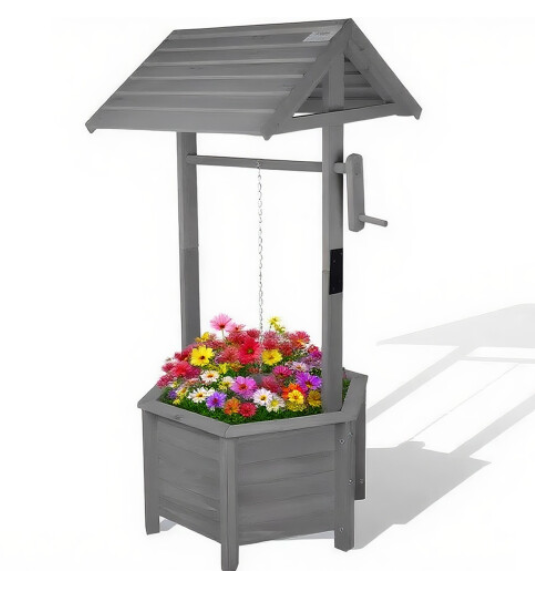 Wooden Grey Wishing Well Bucket Planter Plant Flower Pot Garden Patio
