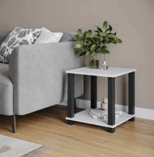 2 Tier S-Tube End Table Small Wood Bedside Nightstand With Storage Shelf