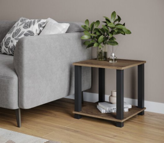 2 Tier S-Tube End Table Small Wood Bedside Nightstand With Storage Shelf