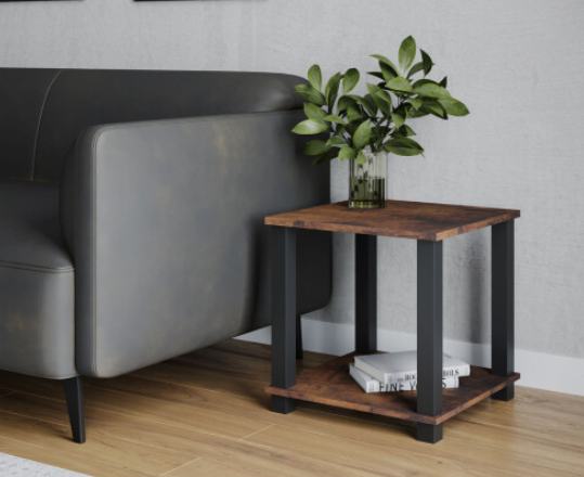 2 Tier S-Tube End Table Small Wood Bedside Nightstand With Storage Shelf