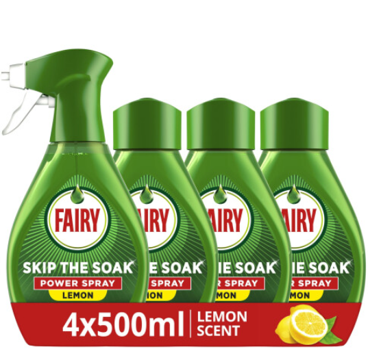 Fairy Skip the Soak Dish Spray Kit Lemon, Trigger + 4x500ml Refill.