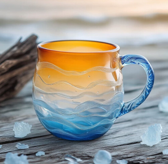 Sea Glass Wave Mug – Handblown Beach-Themed Mug