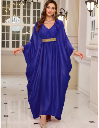 Plus Size Moroccan Print V-Neck Batwing Kaftan Loose Fit Beach Dress