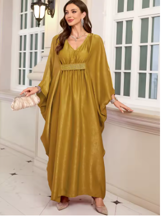 Plus Size Moroccan Print V-Neck Batwing Kaftan Loose Fit Beach Dress