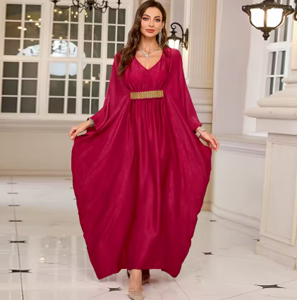 Plus Size Moroccan Print V-Neck Batwing Kaftan Loose Fit Beach Dress
