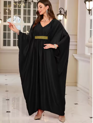 Plus Size Moroccan Print V-Neck Batwing Kaftan Loose Fit Beach Dress