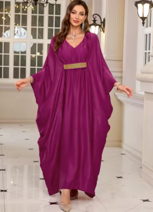Plus Size Moroccan Print V-Neck Batwing Kaftan Loose Fit Beach Dress