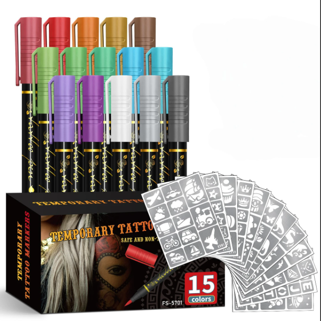 💎15 Colours Temporary Tattoo Pens Set, 12 Tattoo Stencils💎