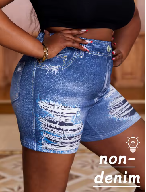 Plus Size Women's Denim-Look Printed Shorts