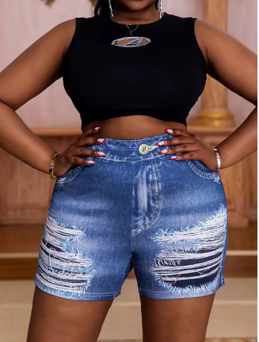 Plus Size Women's Denim-Look Printed Shorts